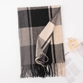 Beige and grey checkered faux cashmere scarf with fringe detail for winter warmth - Black