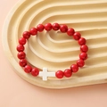 Unisex turquoise and wood beaded bracelet with red beads and white cross charm - Red Turquoise White Cross Bracelet
