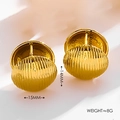 Detailed macro view showing the 14mm height and 15mm width of these gold ribbed hoop earrings - Ribbed Dome Style