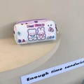 Detail of cute canvas pencil case showing bear bunny graphics and zipper texture - Camera Friends