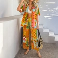 Women's bohemian checkerboard and tropical leaf print shirt with wide-leg pants set - S / Colorful Fruit Floral