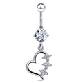Silver stainless steel belly button ring featuring clear zircon and hollow heart pendant - Style 32
