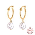 Minimalist gold S925 sterling silver hoop earrings with baroque freshwater pearls - Gold