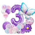 Purple butterfly 3rd birthday balloon set with number 3 and happy birthday latex balloons - Number 3 Butterfly Pillar Set