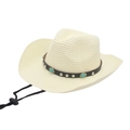 Detail of Panama straw cowboy hat with turquoise leather band and adjustable chin strap - One Size / Milky White (Turquoise Decoration)