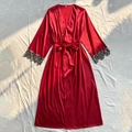 Elegant red satin long sleepwear robe with grey floral lace cuffs and waist tie belt - S / Red
