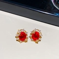 18k gold plated oval red gemstone stud earrings with clear crystal halo for women - Earrings Only / Gold-Red