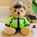 Cute plush teddy bear dressed in a neon green traffic police uniform and cap - Sitting Doll / Approx Height 25cm / Traffic Police Bear - Brown