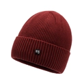 Dark red knitted beanie featuring white 'ny' letter embroidery on a black square patch - One Size / Red
