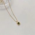 Vintage gold bead chain necklace featuring a square pendant with green gemstone - Emerald Green (DDK081)