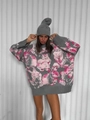 Oversized grey knit sweater with pink rabbit jacquard and drop shoulder design - S / Gray