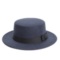 Chapeau canotier classique en feutre de laine bleu marine avec ruban gros-grain noir - 57cm (Cordon Réglable) / Bleu marine
