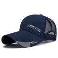 Navy blue breathable mesh baseball cap with extended brim and sport style printing - Adjustable / Navy Blue
