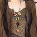 Détail d'un long collier ethnique avec perles multicolores et doubles glands pendants - 6# Collier-Coloré-Style Double Gland à Perles