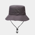 Detail of greyish-purple waterproof bucket hat with adjustable black and white wind cord - Dark Gray