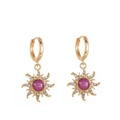 Vintage golden sunburst stud earrings with purple center stone and crystal accents - Earrings - Gold