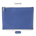 Large dark blue cross-grain PU leather makeup pouch with a silver zipper - Large Dark Blue