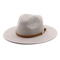 Close-up of wide brim straw fedora featuring a brown leather band and gold buckle detail - M (56-58cm) / Light Gray