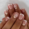 Classic French manicure press-on nails with white tips, gold glitter, and butterfly motifs - French Butterfly Style (With Yellow Jelly Glue + Nail File)
