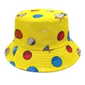 Detailed close-up of yellow bucket hat with cosmic planet prints and sturdy stitching - M (56-58cm) / Yellow
