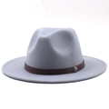 Detail of light blue wool felt fedora featuring a brown band and metal badge ornament - M (56-58cm) / Light Gray