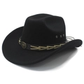 Classic black wool western cowboy hat with vintage bull head leather band ornament - M (56-58cm) / Black
