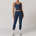 Navy blue two-piece halter neck sports set with high waist leggings for yoga - S / Badge Blue (Top+Leggings)