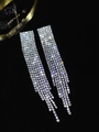 Elegant geometric square silver earrings with long rhinestone tassels in silver finish - KE022S-W Black Mirror Style / Silver White Rhinestone