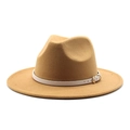 Detail of camel wool fedora hat with white leather band and gold buckle - Camel