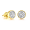 Detail of gold round stud earrings with pavé set cubic zirconia and screw back design - Two-Tone Gold With White Stone