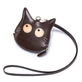 Mini cat-shaped leather coin purse in dark brown with lanyard and zipper closure - Brown