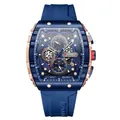 Waterproof tonneau quartz chronograph watch with blue silicone strap and date function - Blue Rose Gold