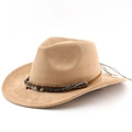 Dettaglio cappello bohémien in camoscio cammello con nastro decorato con perline a mano - M (56-58cm) / Cammello