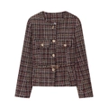 Women's plaid tweed jacket with gold buttons and waist belt in pink and black - XS / Black/Pink/White Plaid