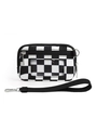 Close-up of checkerboard card holder featuring transparent slot and detachable wristlet strap - Black White Grid