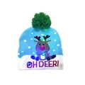 Bonnet de Noël bleu à LED avec motif de renne et pompon vert avec interrupteur de pile - Adulte (Élastique) / OH DEER Faon (Sans Revers)