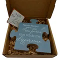 Blue puzzle-shaped wooden plaque with inspirational quote in a brown gift box - 3-Never forget-Blue