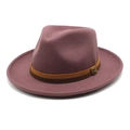 Detail of wool fedora hat featuring a stylish leather band and metal buckle accent - M (56-58cm) / Deep Purple
