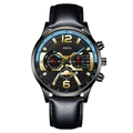 Men's fashion quartz watch with black leather strap and gold markers on a black dial - Black Band Blue Needle