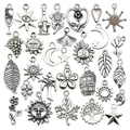 Set di ciondoli vintage in lega d'argento con sole, luna e fiori per gioielli fai-da-te - Set 30 Stili Misti Argento Antico / 26.83g