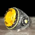 Vintage luxury men's ring with large oval yellow gemstone and antique floral silver band - US 7 / Yellow (AJZ1800)