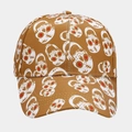 Detailed close-up of brown baseball cap featuring all-over red-eyed skull prints - Khaki Red Eye Skull Style