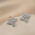 Elegant silver star earrings with marquise-cut zircons and micro-paved crystal border - Radiant Four-Cornered Star Style (E0633) / Silver
