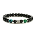 Polished black obsidian bead bracelet with tiger eye accents and silver metal cylinder - Chrysocolla