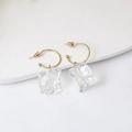 Elegant gold metal hoop earrings with clear irregular ice-like resin charms - E3484-Gold Hoop Transparent Ice Pendant