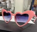 Pink heart-shaped sunglasses with blue gradient lenses and sparkling glitter finish - Pink Frame Gradient Grey Lens
