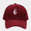 Deep wine red corduroy baseball cap with white skeleton hand embroidery on the front - Adjustable / Burgundy