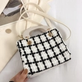 Women's plaid tweed handbag with detachable strap shown in a handheld lifestyle setting - White (Without Pendant)