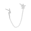 S925 sterling silver star and lightning chain earrings with paved cubic zirconia stones - White Gold