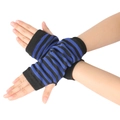 Close-up of black and blue striped knitted fingerless arm sleeves with thumb hole detail - One Size